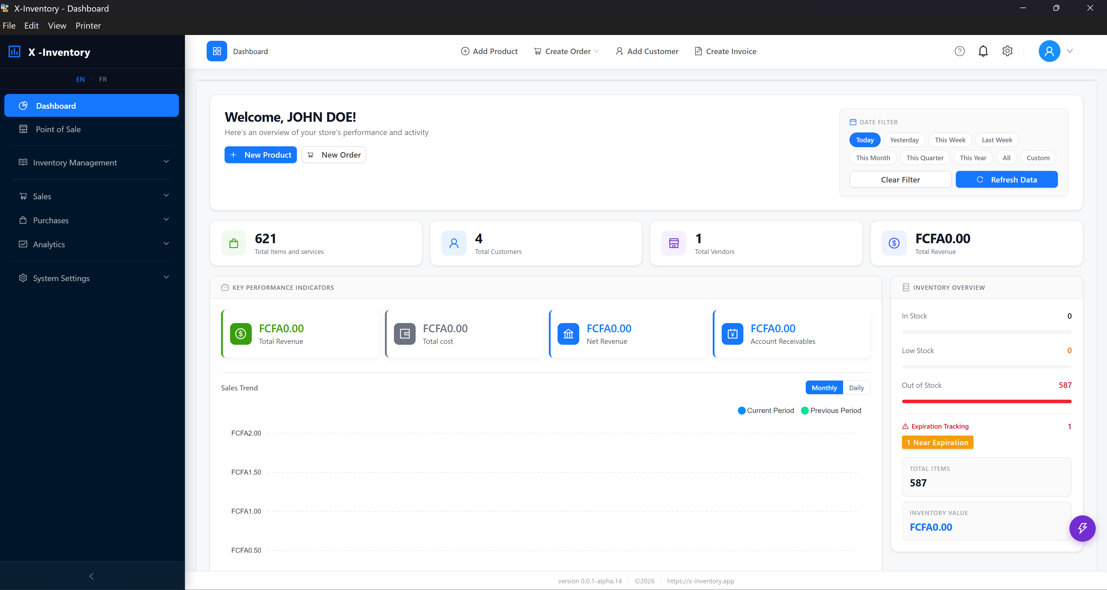 Aperçu de l'interface X-Inventory : tableau de bord, indicateurs clés et suivi de stock